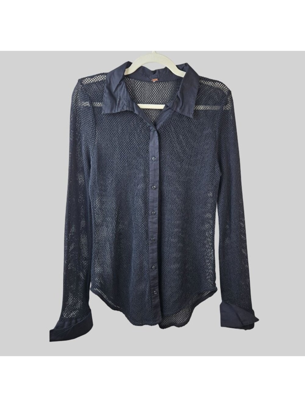 Free People Button Down Shirt M Black Sheer Mesh Long Sleeve Festival Summer Top